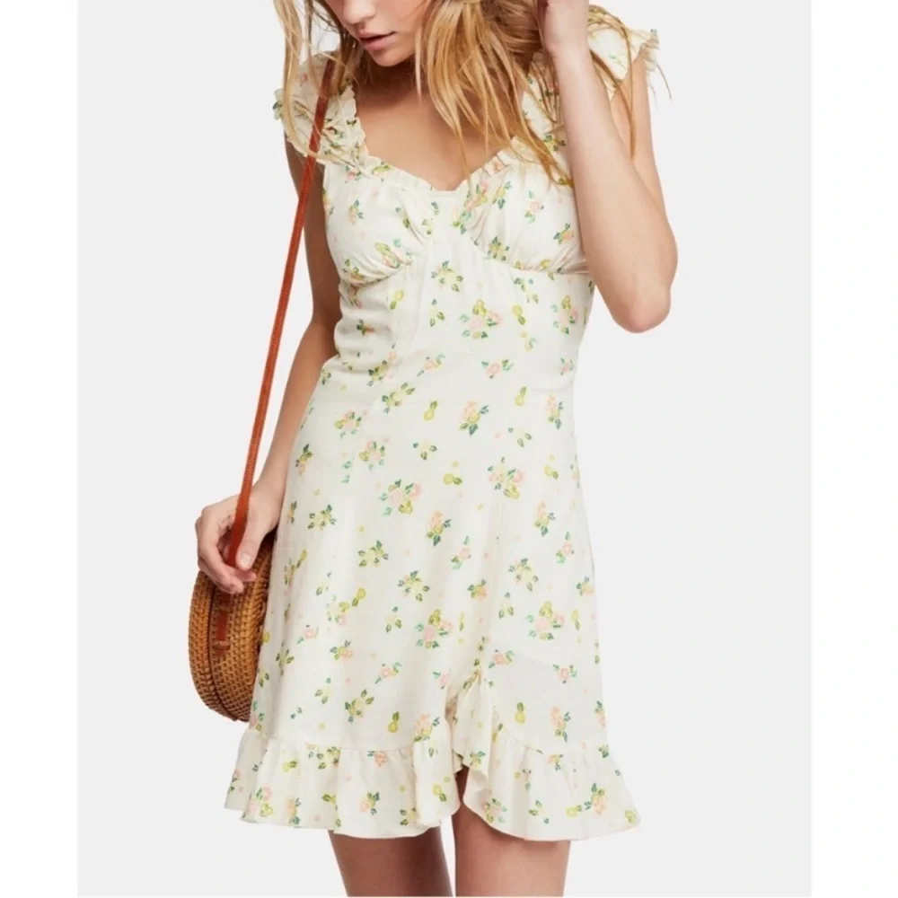 NEW Free People Like A Lady Butter Yellow Ruffle Floral Mini Dress M